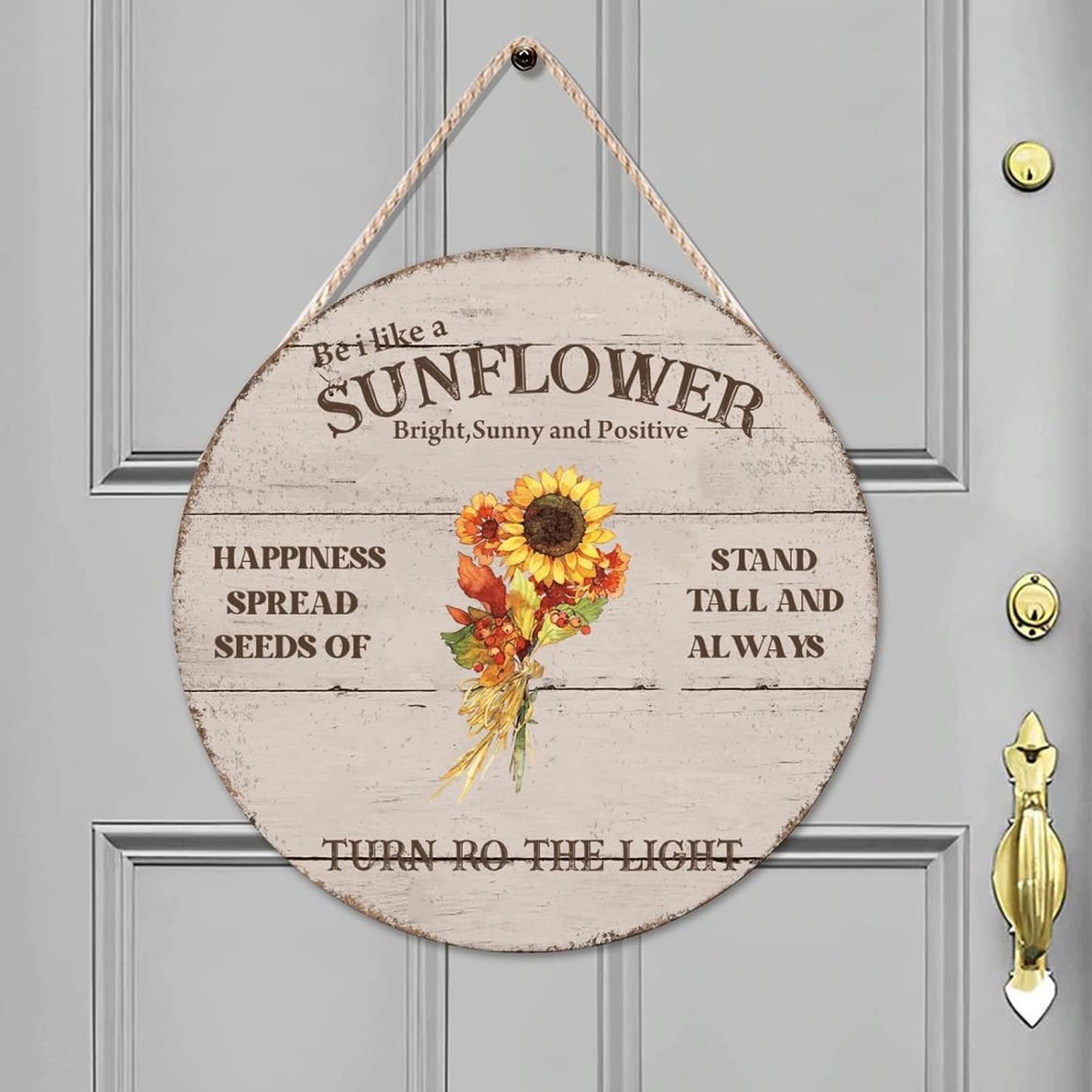 Sunflower Round Door Hanger Sign, Flower Wood Door Sign, 16x16in Sunny Wall Door Hanging Sign for Front Door Farmhouse Porch Housewarming Gifts