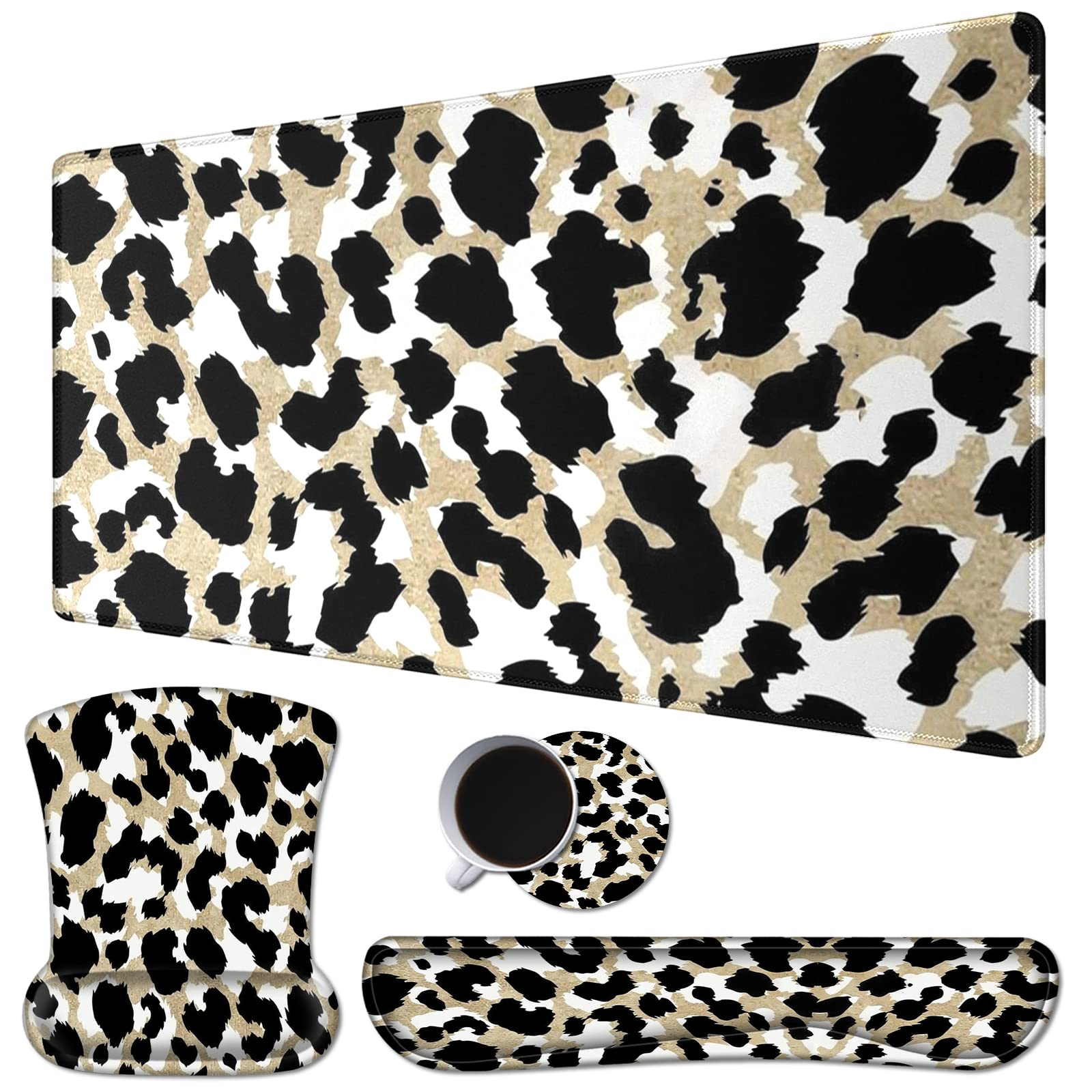 Mauspad-Set Mit Handgelenkauflage - Schreibtischunterlage 60x30 Cm, Leopardenprint, Rutschfeste Unterseite