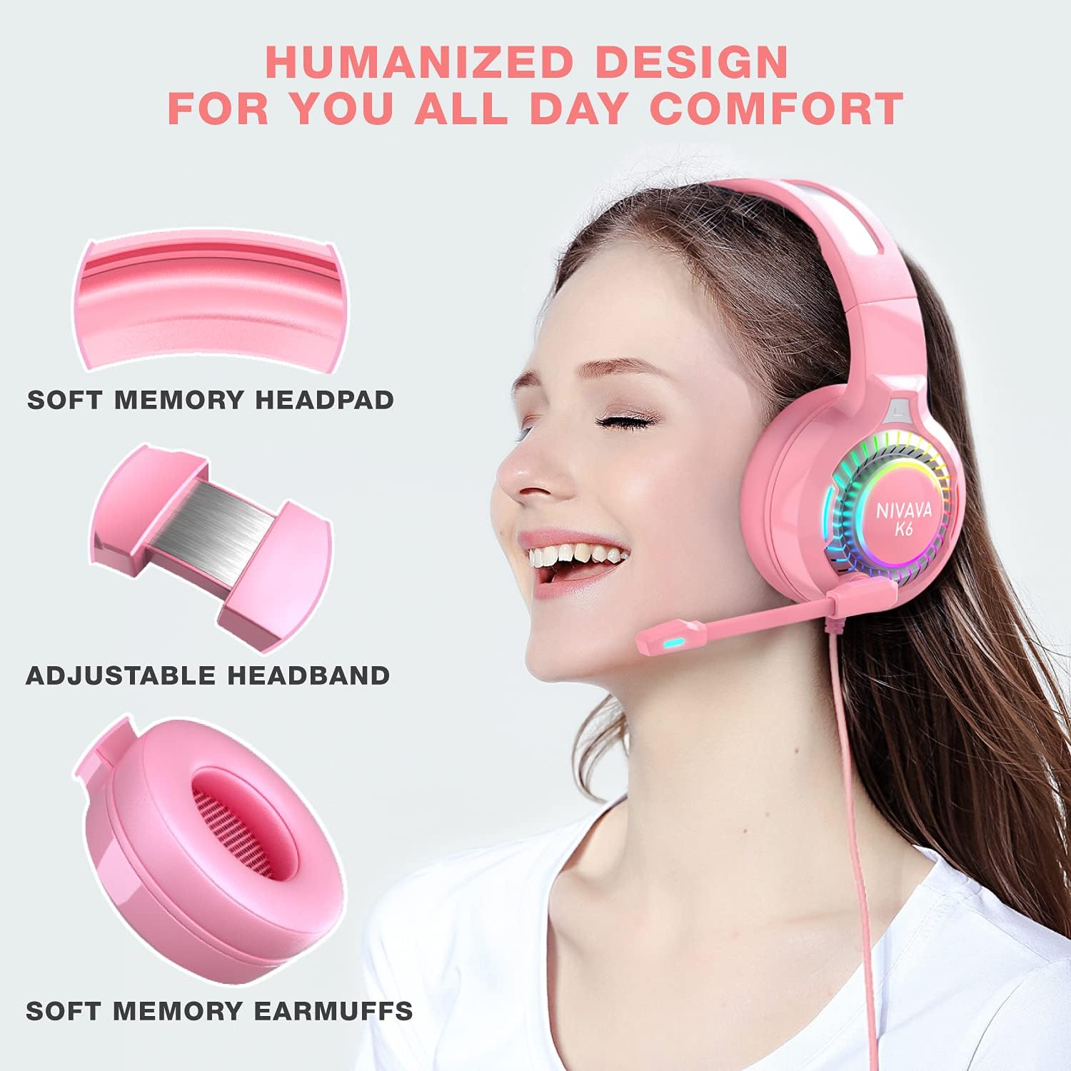 NIVAVA Gaming Headset for PS4, PC Headphones with Microphone LED Light Mic for Nintendo Switch PS5 Playstation Computer, K6(Pink)