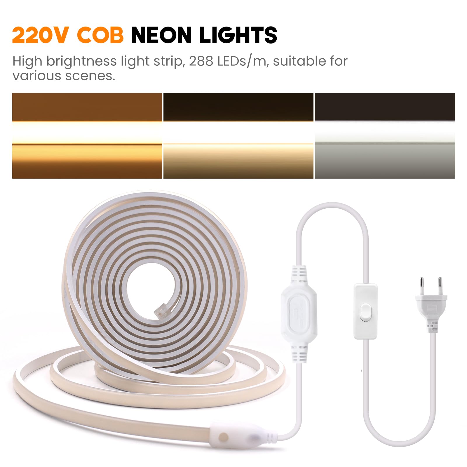 KISUFU 220V Flessibile Striscia LED COB con interruttore,IP65 impermeabile,Alta luminosità 288 LED/m,Luminoso Nastri LED per armadio cucina casa fai da te camera da letto interni