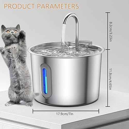 Miniatura 9 de Fuente de agua para gatos de acero inoxidable, dispensador de mascotas de gran capacidad de 2.2L para gatos en interiores, comederos de riego