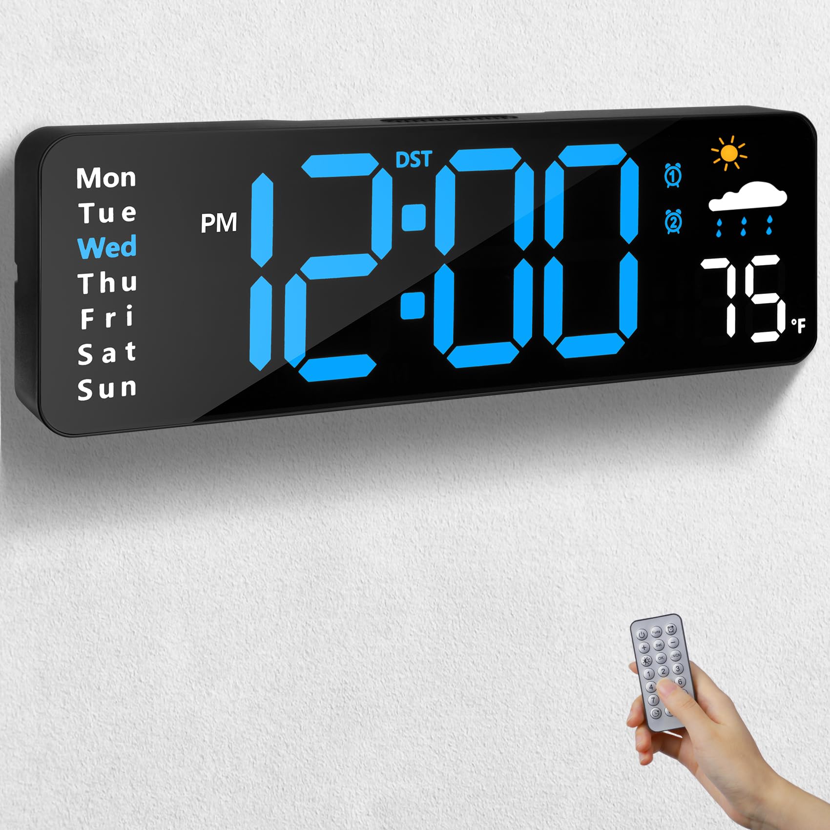 Digital Wall Clock with Remote Control Large Display Pluggable LED Digital Alarm Clock with 12/24 Hours, Date, Week, DST, Timing, Countdown, Temperature for Living Room,-image-46
