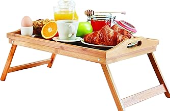 GOURMEX Bamboo Foldable Tray | Use as Lap Desk, Breakfast Bed Table, TV Tray | Great for Food, and Activities in Bed, Couch, Floor, in or Outdoor | with Handles and Folding Legs (Light Brown)