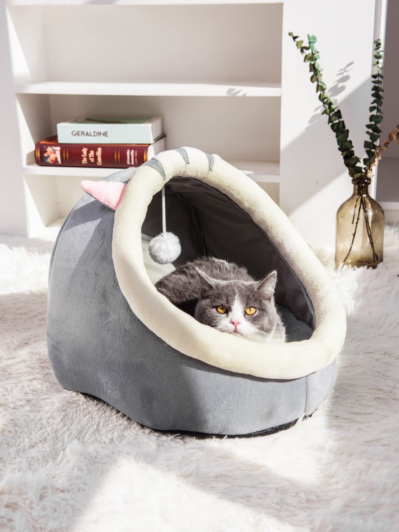 Cat Bed Pet Cave Bed with Anti-Slip Bottom, Suitable for All Cats & Small Dogs, Pet Bed with Removable Washable Cushion, Soft Calming Bed with Hanging Toy Ideal for Cats and Puppy or Rabbit