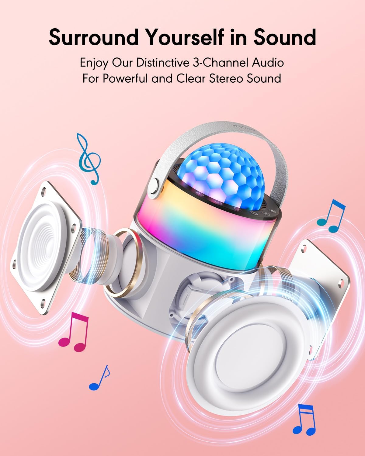 Karaoke Machine with Disco LED Lights, Mini Portable Bluetooth Speaker with 2 Wireless Microphones for Kids Adults, Gifts for Birthday Parties Travel, Toys for Girls Boys Family (White) - Image 3