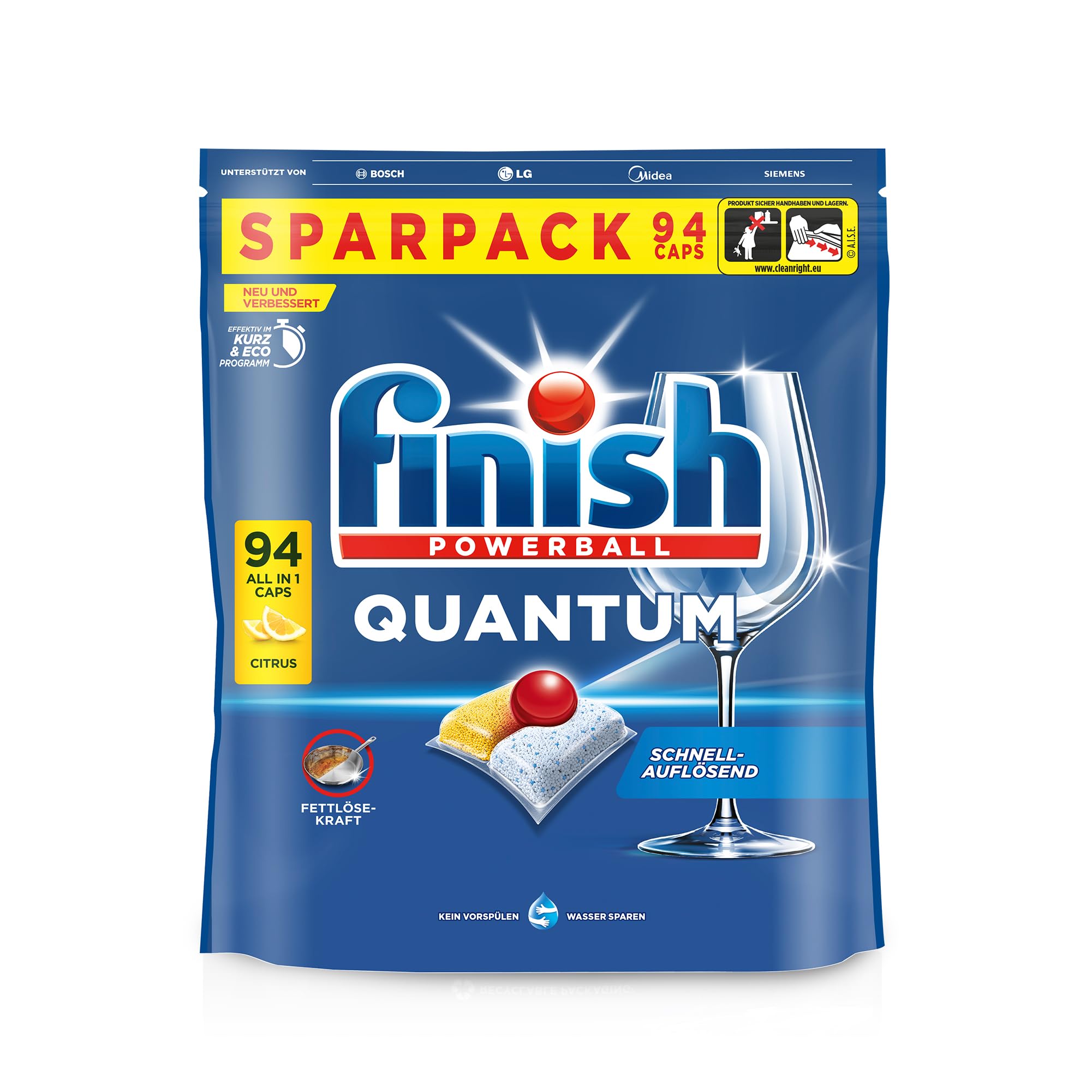 Finish Quantum Citrus - Pastiglie per lavastoviglie per pulizia potente, sgrassante e lucentezza, confezione risparmio con 94 pastiglie