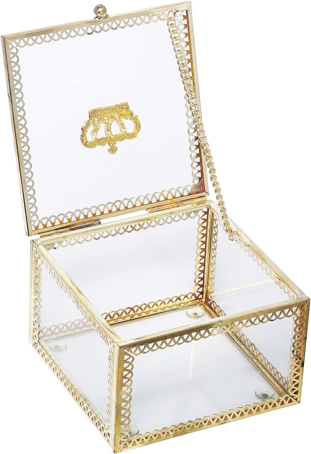 Vintage Glass Trinket Box Gold Crown Square Jewelry Display Organizer Box Home Decor Accent Decorative Box for Storage Trinket Rings Bracelet