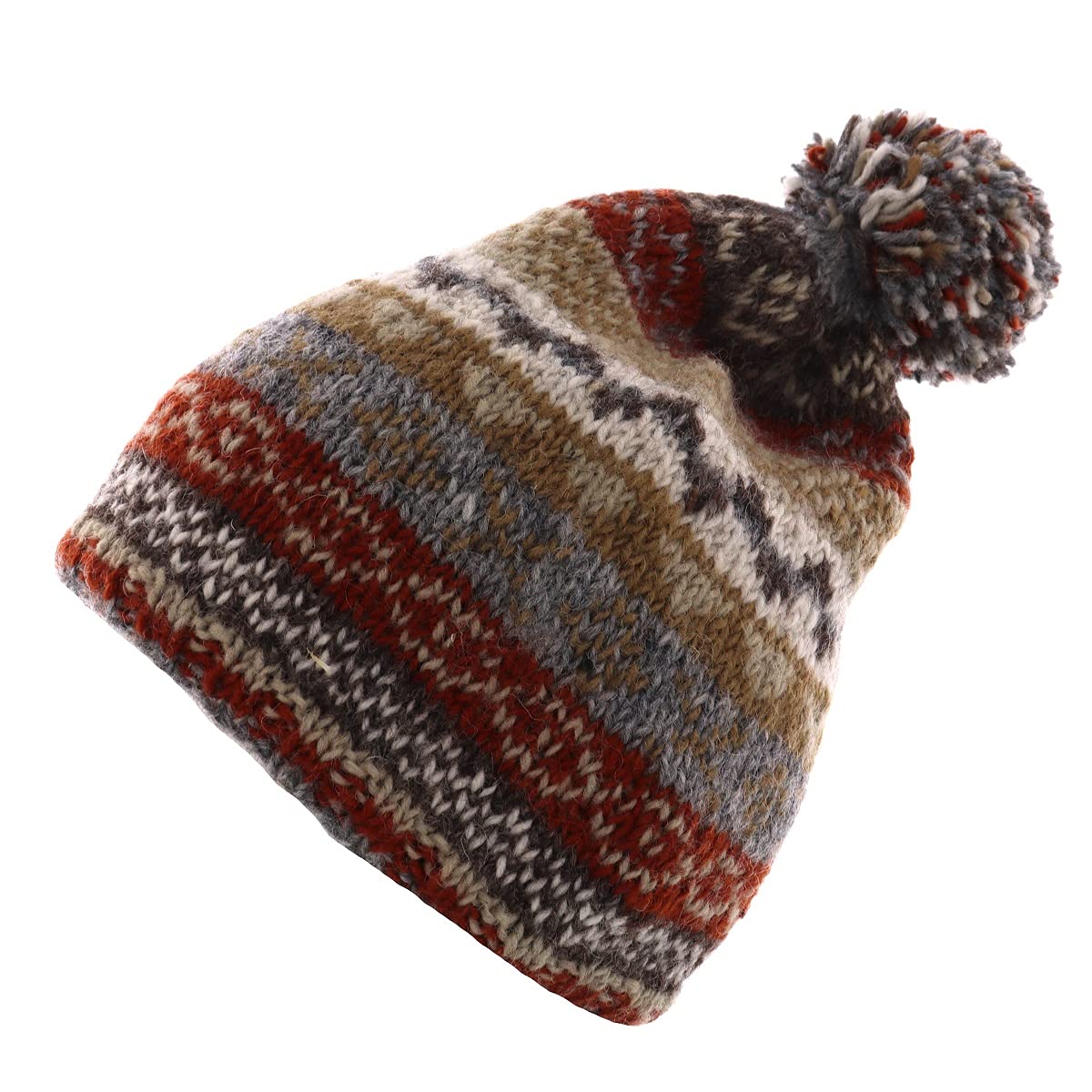 Pachamama Women Wool Beanie Bobble Hat Fleece Lined Handknitted Traditional Fairisle Multicoloured One-Size Handmade Extra Warm Fair Trade (Wool, Grey)