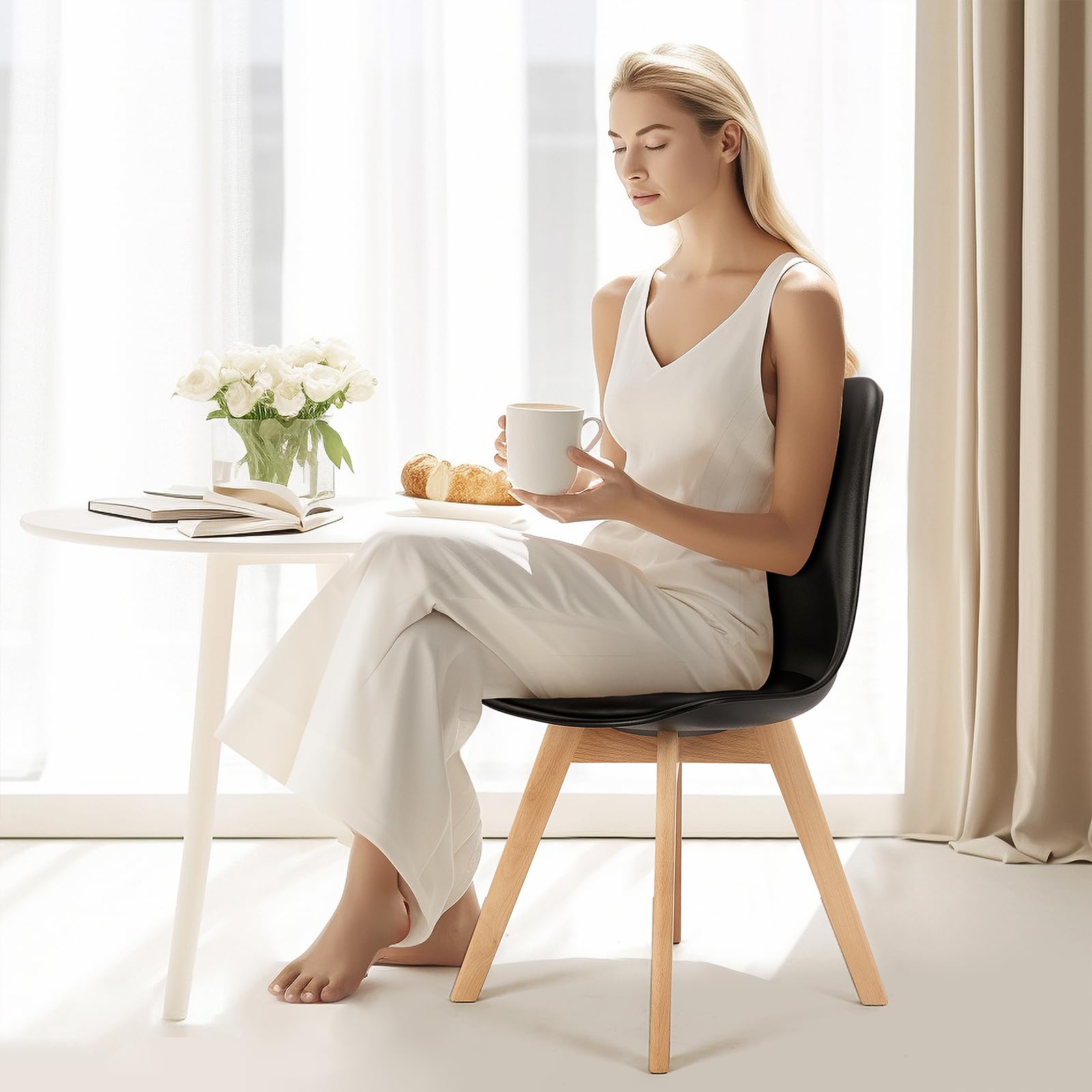 NEWBULIG Set of 4 Dining Chairs,PU Leather Upholstered with Wooden Leg Support,Mid Century Modern Kitchen Chairs,Waterproof Seat for Kitchen,Dining,Living Room,Family Gatherings Chairs Black