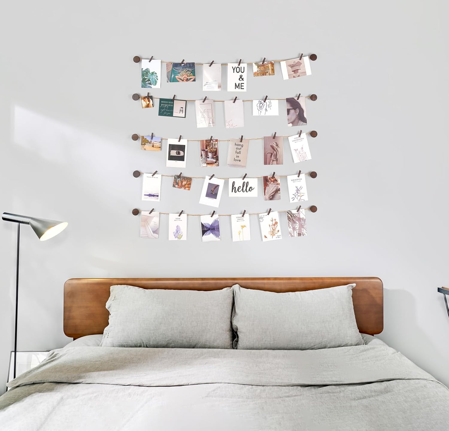 Mkono 1 Pcs Macrame Hanging Photo Display with Light and 5Pcs Jute String Hanging Photo Display Boho Home Decoration for Bedroom Headboard Living Room Dorm Nursery Apartment Office, Set of 6