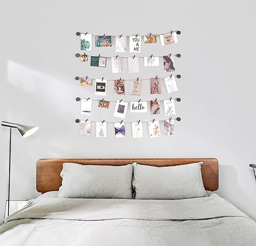 Miniatura 2 de Mkono Decoración de pared para colgar fotos, 5 cuerdas de yute con 30 clips, soporte para tarjetas de fotos múltiples, arte de pared para