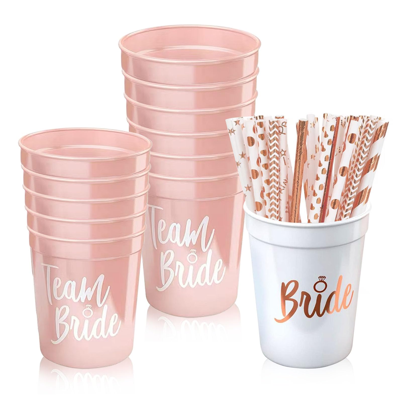 Puedno 12pcs Hen Party Cups, Bride Tribe Cup with 12 Straws, Reusable Bride and Team Bride Cups, Bachelorette Party Cups Set for Bridal Shower Engagement Party Hen Party, Pink
