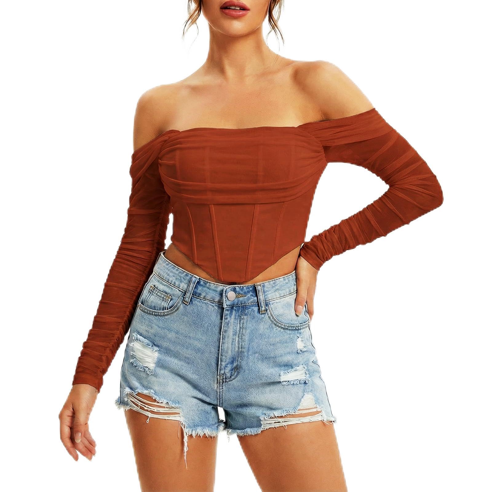 Amazon.com: JSXZMMSM Long Sleeve Corset Top Off Shoulder Y2K