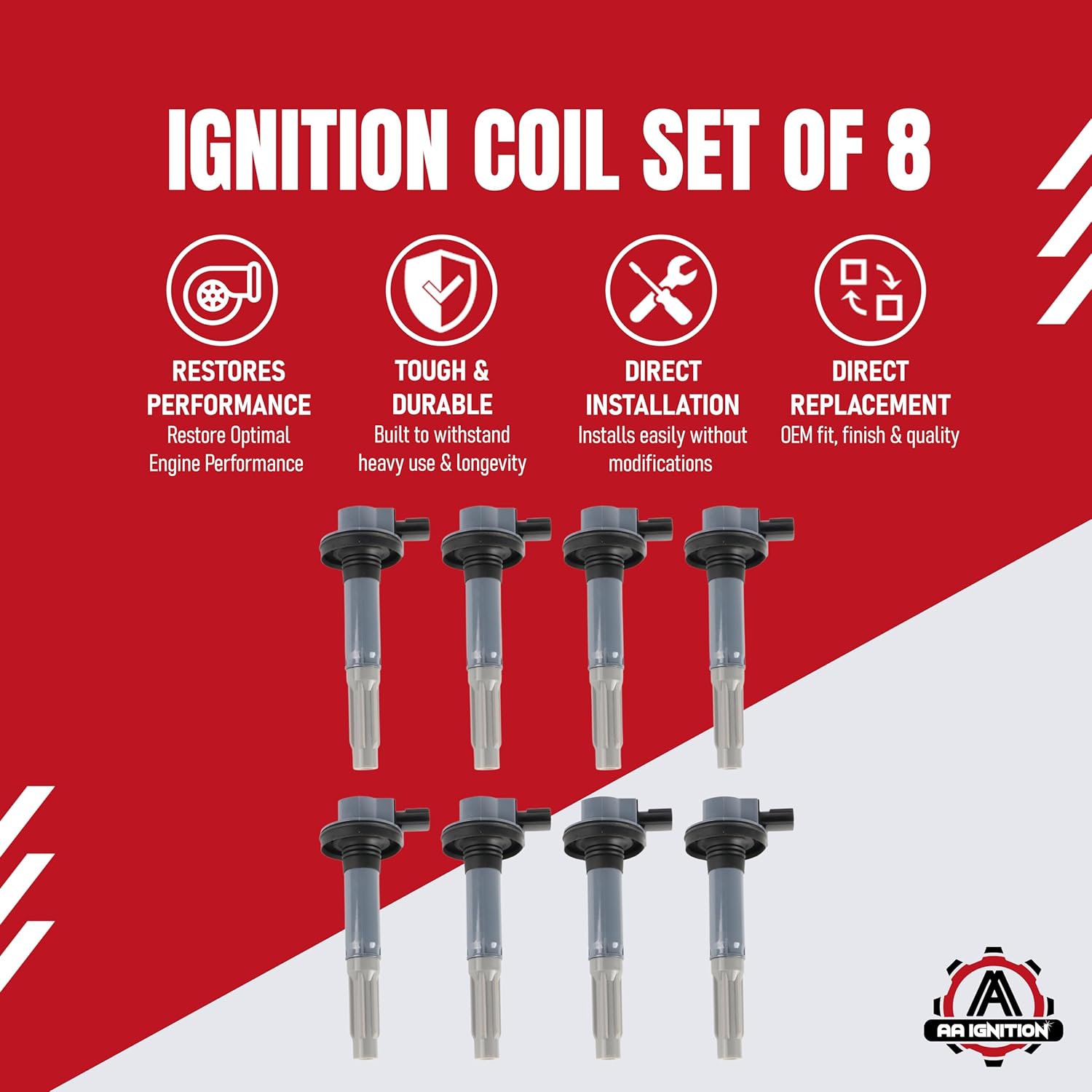 Ignition Coil Pack Set of 8 - Compatible with Ford 5.0L Vehicles - 2011-2016 F-150, 2011-2020 Lobo, 2011-2015 Mustang - Replaces UF622, ‎BR3Z-12029-A, DG542, C1802, GN10420, 52-2197