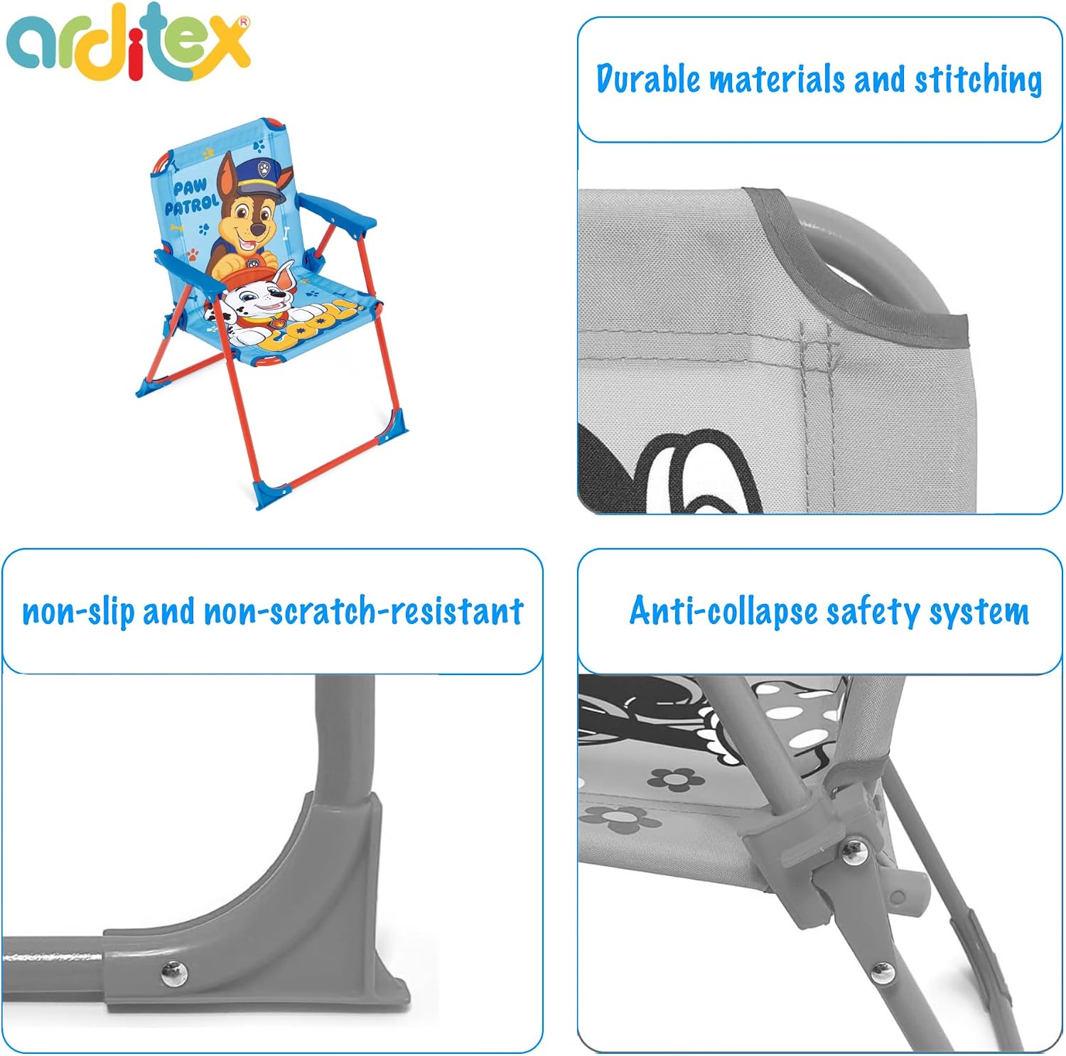 ARDITEX Paw Patrol Chase and Marshall Arms Folding Chair - 15 x 32 x 53 cm - Suitable for Garden, Camping, Beach or Mountain - Ideal for Boys and Girls