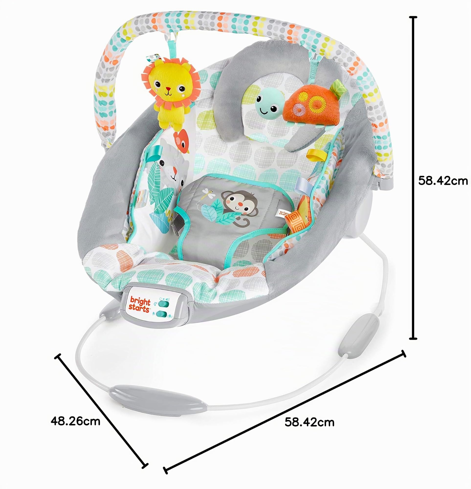 Bright Starts Transat Bébé Confortable Vibrations Apaisantes - Taggies, Musique, Barre de Jouets Amovible, 0-6 Mois Jusqu'à 9 kg (Whimsical Wild)