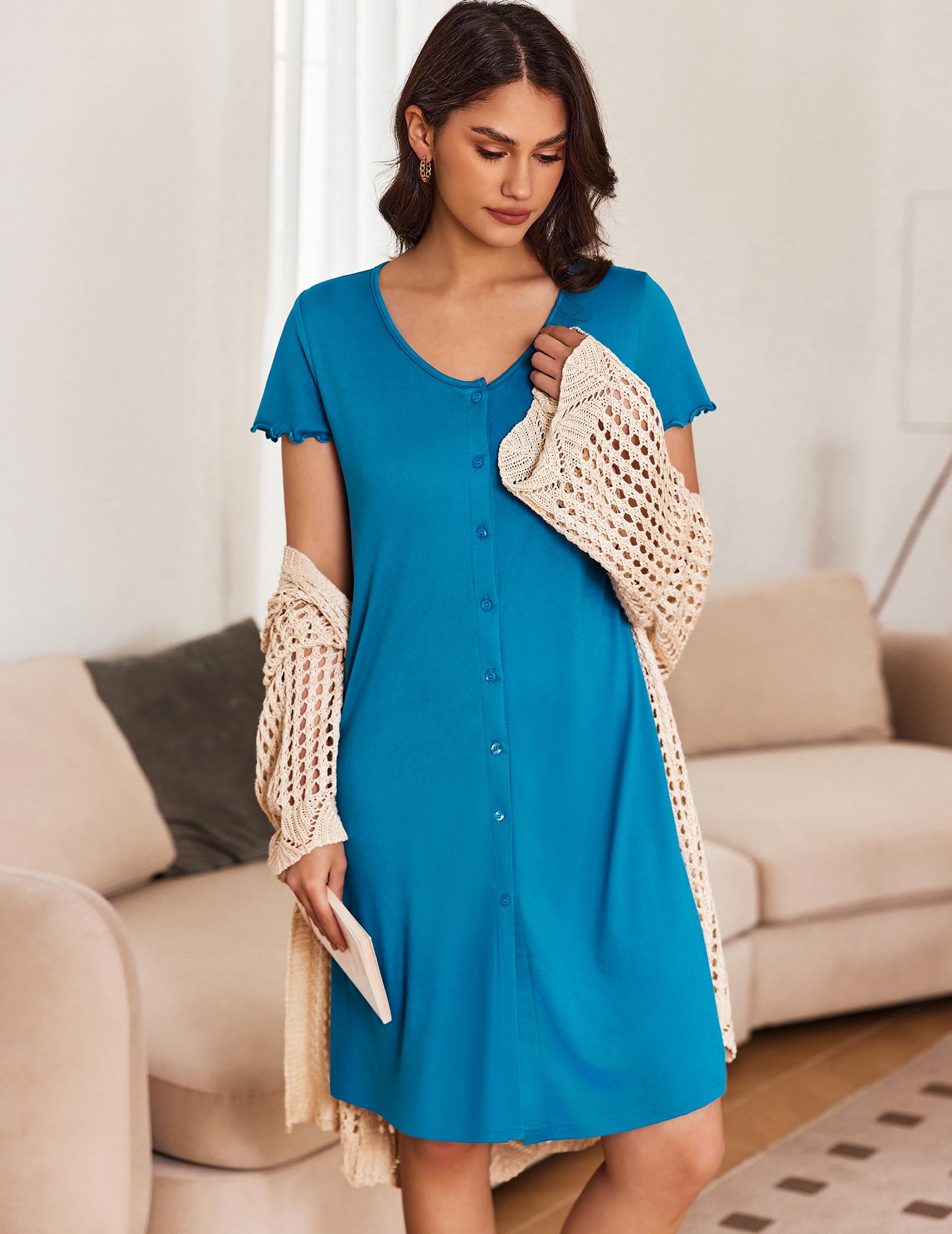 Ekouaer 3 Pack Women's Button Down Nightgowns Short Sleeve Night Shirts for Women Sleepwear V Neck Sleep Dress