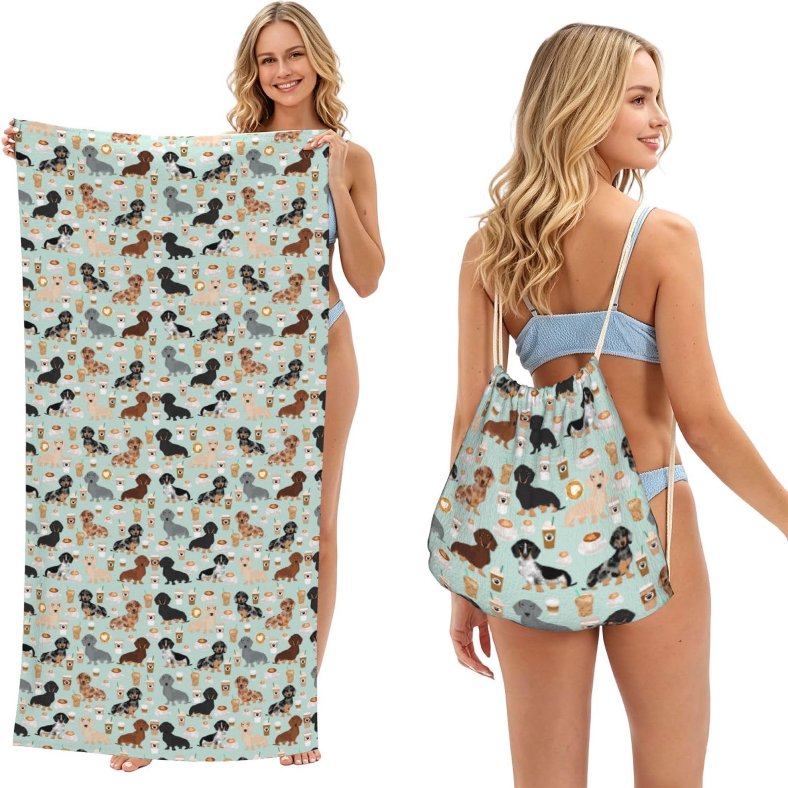 Poadnly Cute Mint Dachshunds And Coffee, 2 in 1 Packable Towel Bag, Beach Towels with Drawstring Backpack for Travel Holiday Camping