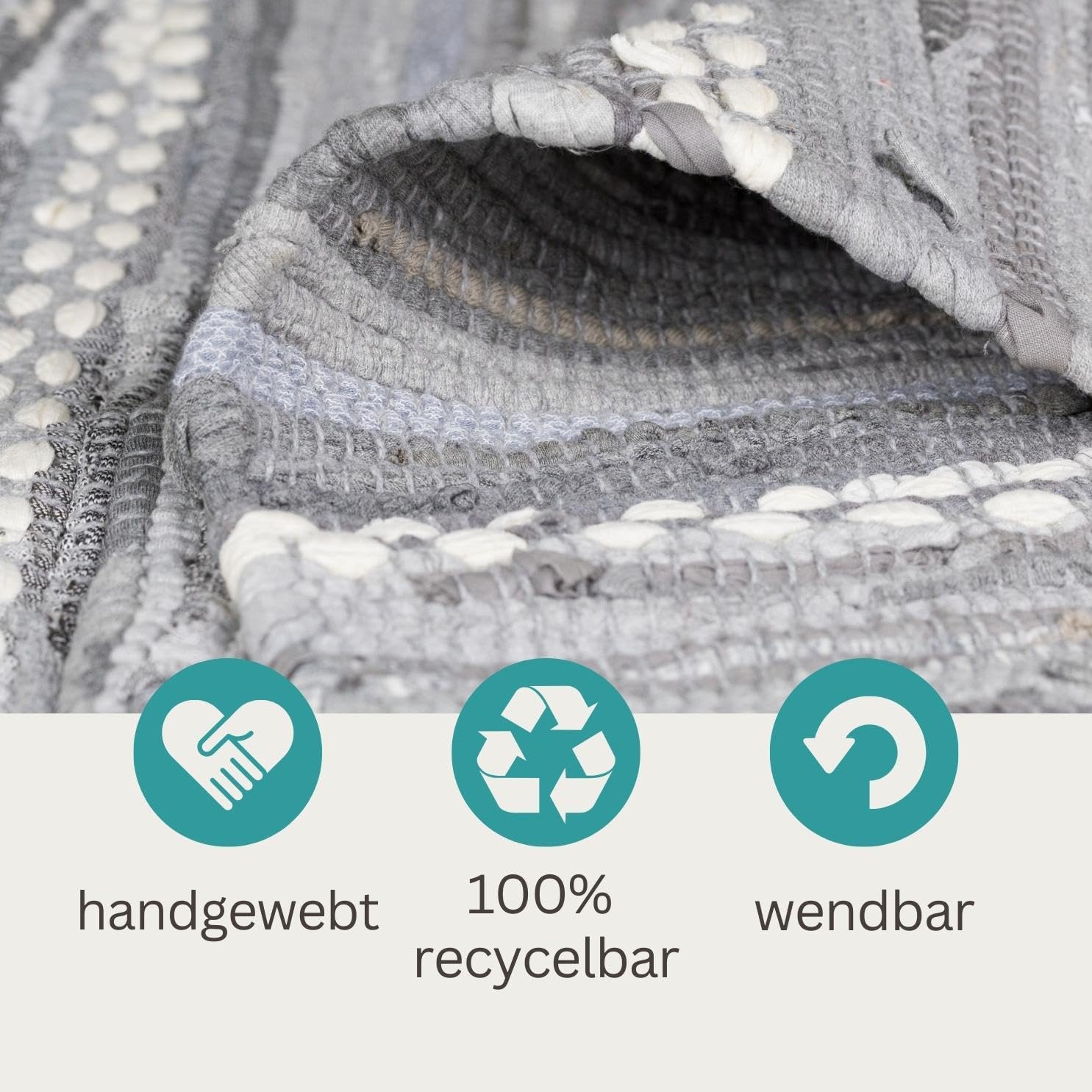 MY-RUG Chindi Fleckerlteppich 160x230 cm - Handgewebter Baumwollteppich | Nachhaltiger Wendeteppich aus Naturfaser, handgemachter Flickenteppich für Küche und Flur, robust und pflegeleicht in Grau