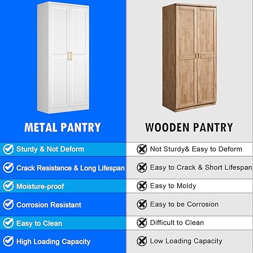 Vista 7 de Armario de despensa de cocina blanco, armario de almacenamiento de metal de 71 pulgadas de alto con puertas y estantes, armarios de despensa