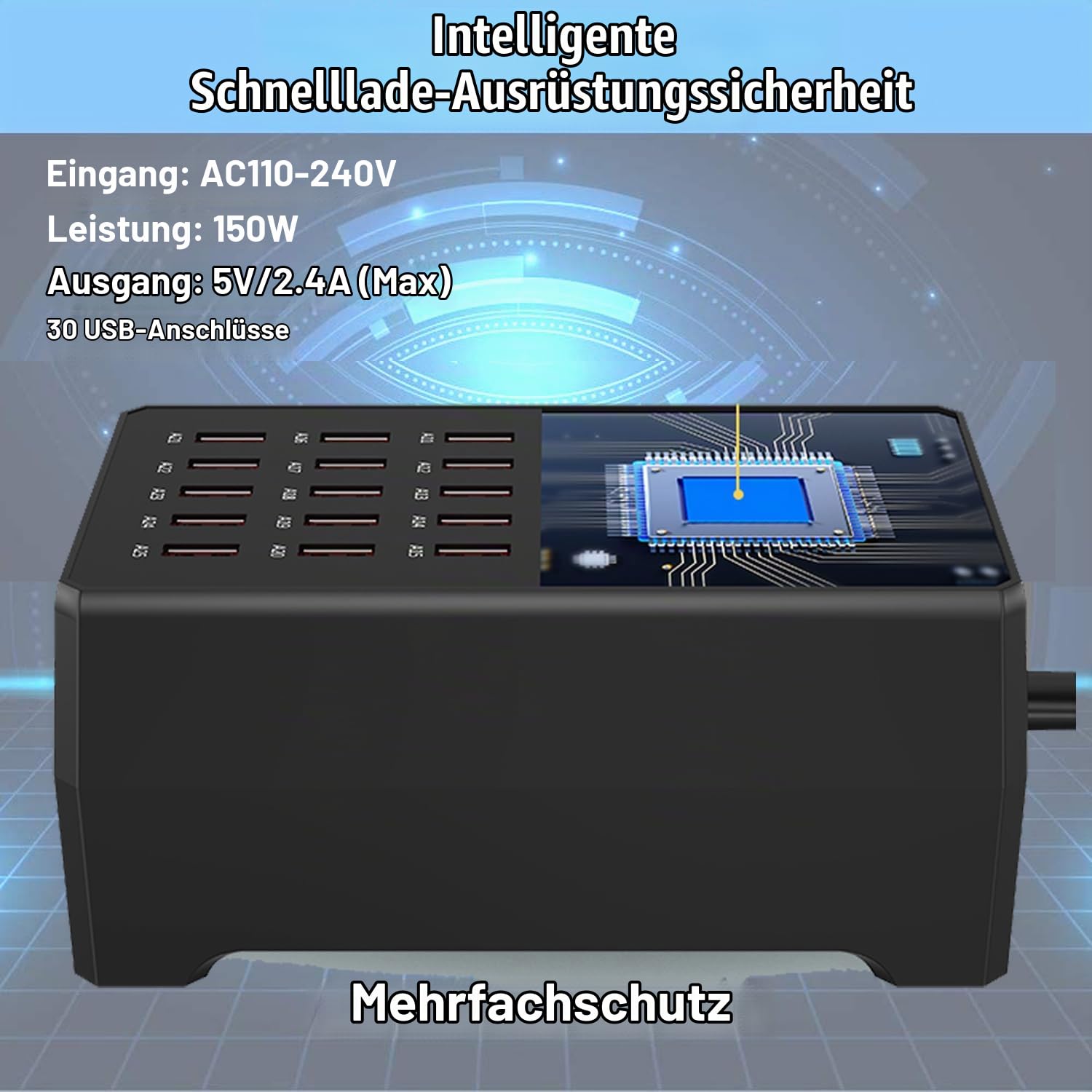 USB-Ladestation, 30-Port 150W/30A Mehrfach-USB-Ladestation, Multi-Port-Ladegerät für Smartphones, Tablets und andere Geräte.