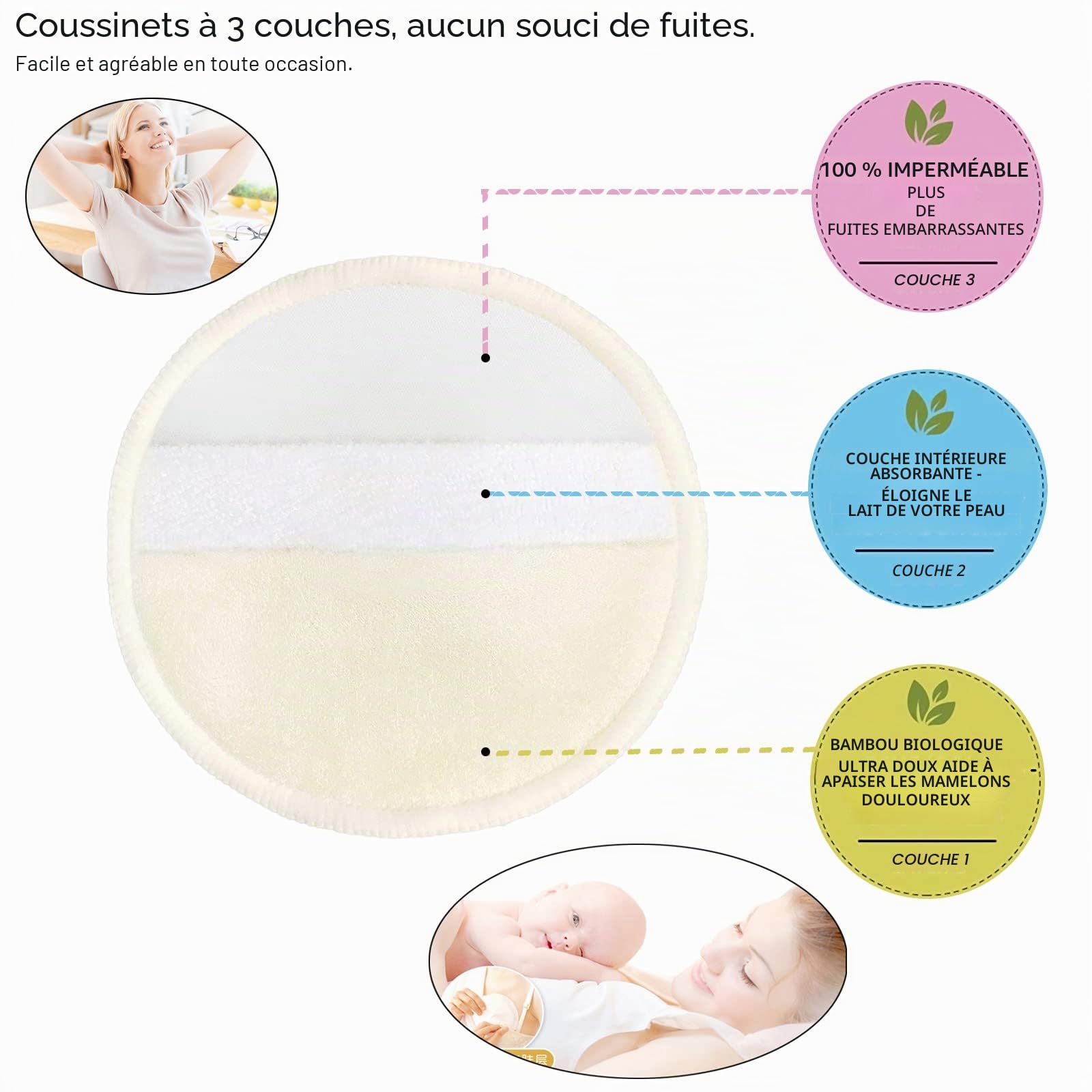 Pinowu Coussinets d'allaitement en Bambou Bio – 10 Coussinets lavables + Sac Humide + Sac de Lavage, Coussinets pour tétons d'allaitement pour maternité, Cache-tétons charmants Taille L 12cm