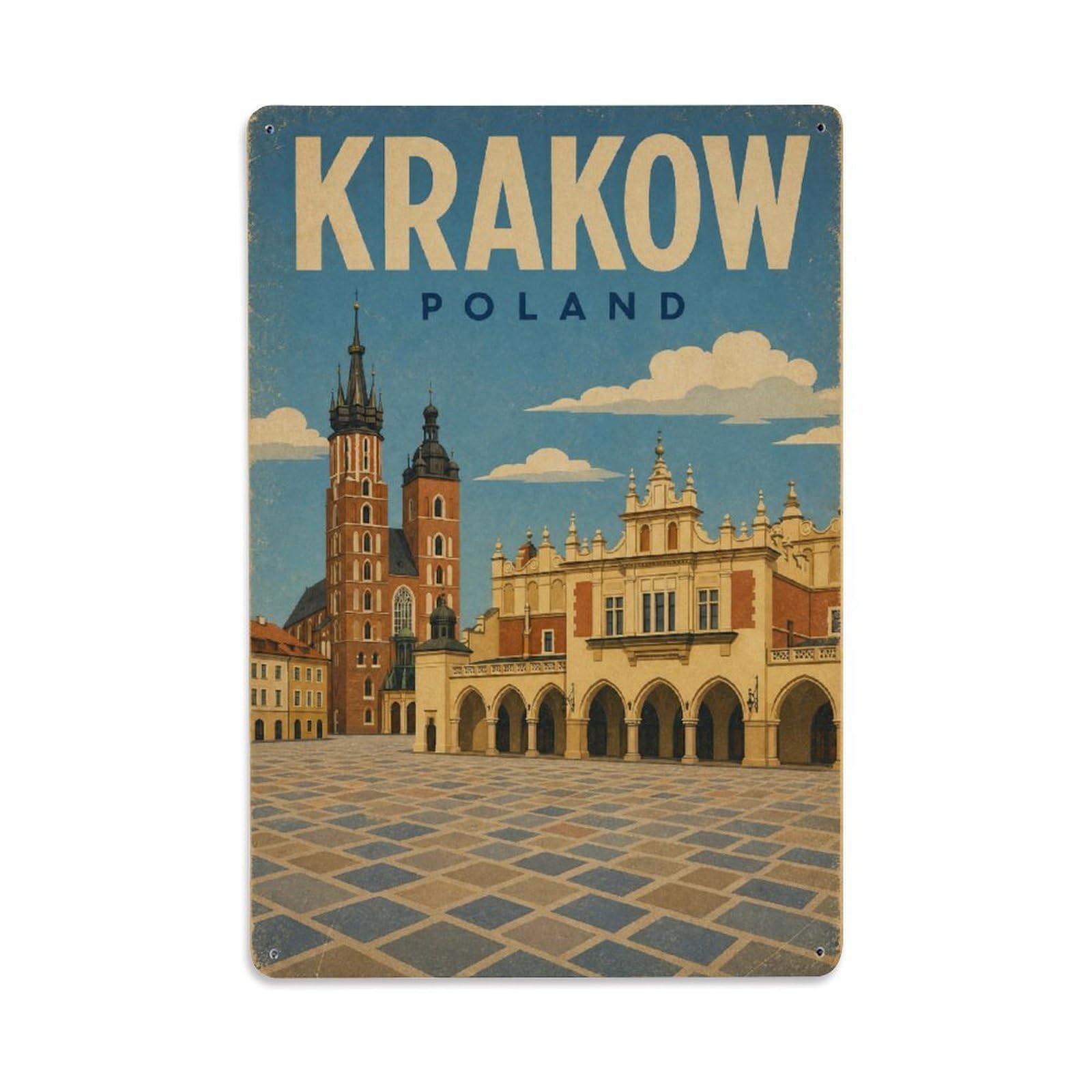 Travel Vintage Poland Krakow Metal Tin Sign Plaque Wall Decor for Cafe, Club Bar, Office, Garden Metal Poster 8x12Inch