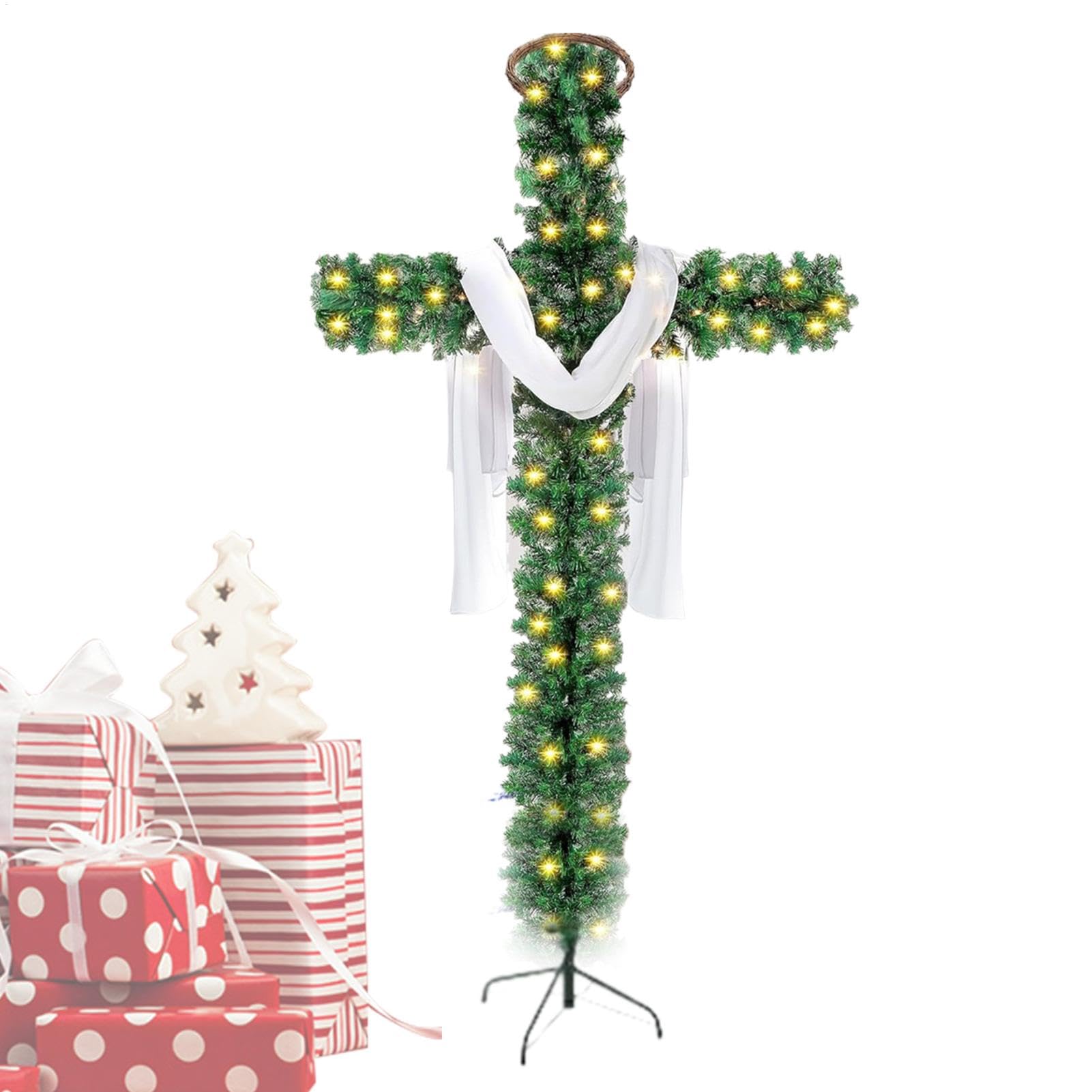 Árbol de Navidad Cruz Plegable - Árbol de Navidad Cruz Con Iluminación, 5 Pies De Pino Artificial Preiluminado, Árboles De Navidad Brillantes Con Bufanda De Seda