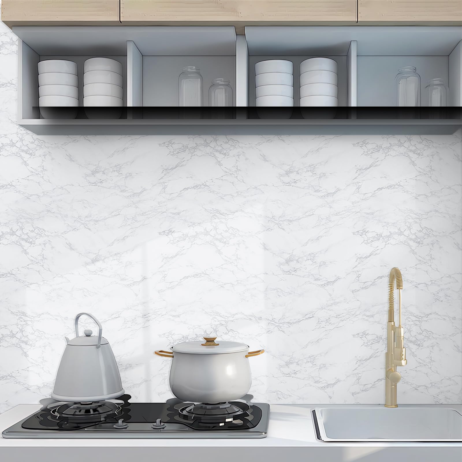 Hode Pellicole Mobili Adesiva Marmo 40x600cm Impermeabile PVC Autoadesivo per Mobili Bianco Applicazione per Armadi da Cucina Piani di Lavoro Pellicola Decorativa
