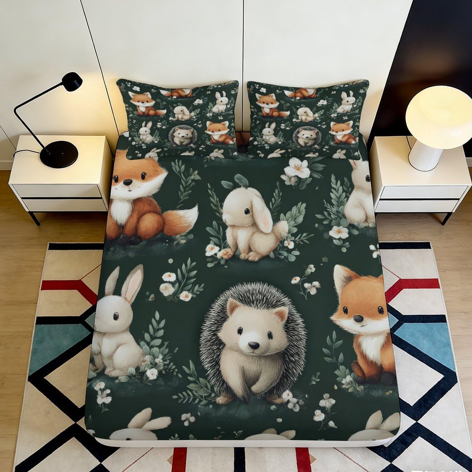 3D Printed Cute Animal Fitted Sheet Microfiber Soft Breathable Hedgehog Rabbit Bed Sheet for Bedroom Dormitory Guest Room Mattress Protection 140x200x25cm