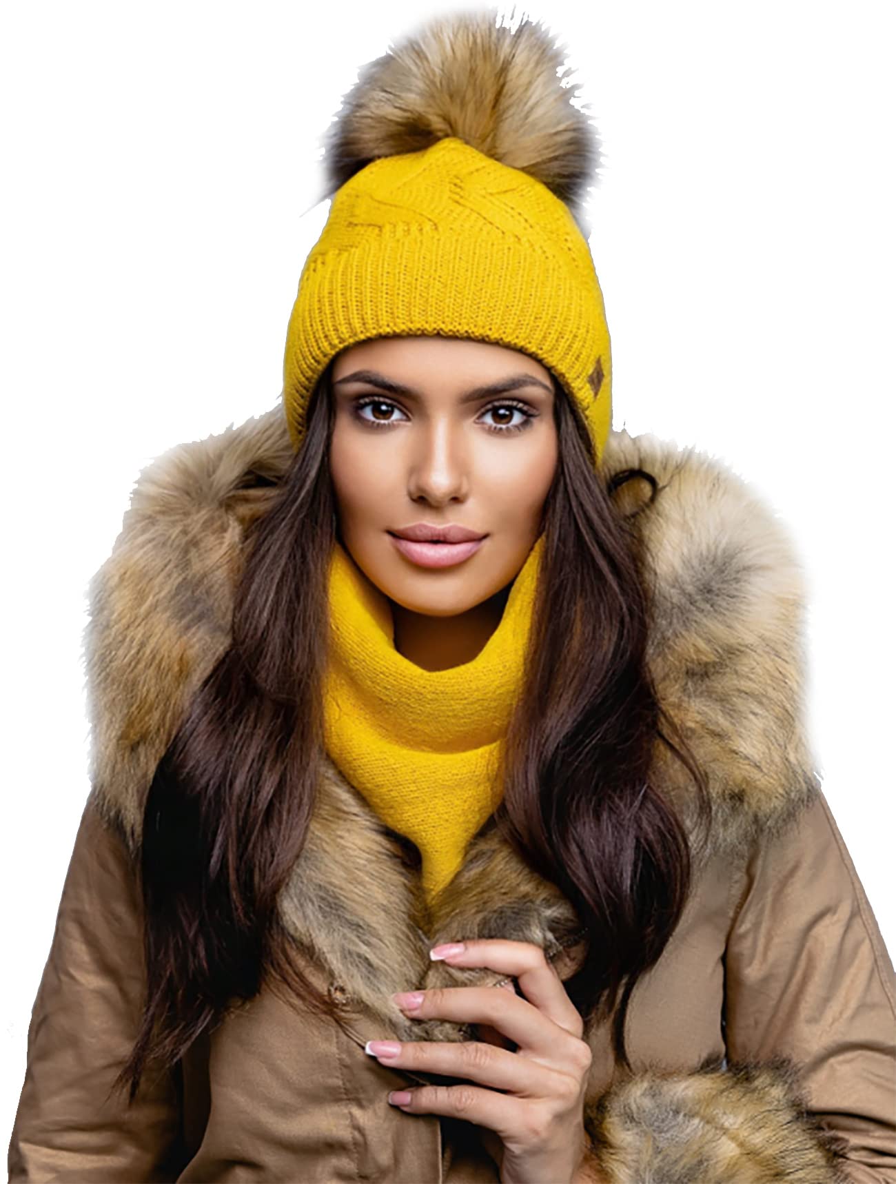 Set Scarf & Hat Women Winter Beanie Hat Knitted Hats Band Style Fleece Lining Pom Pom MFAZ Morefaz Ltd (Mustard Set Hat & Scarf)