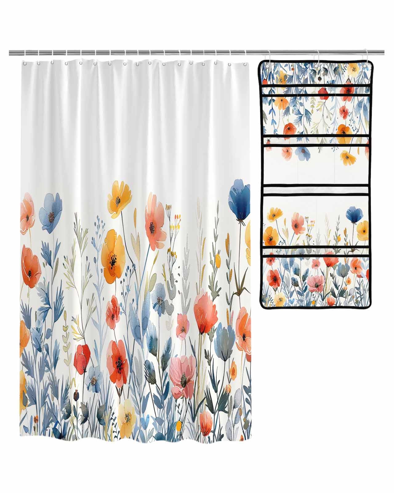 Floral Shower Curtain Mesh Shower Organizer Hanging Set Blue Red and Yellow Poppy Watercolor Waterproof Shower Curtains with
