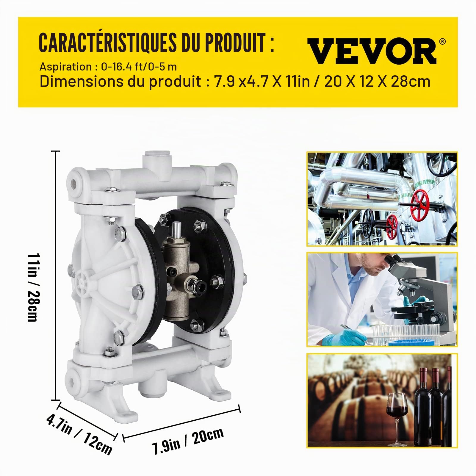 VEVOR Pompe pneumatique à double membrane, entrée et sortie 12,7 mm, 13,2 GPM et max 120 psi, pompe de transfert pneumatique à membrane PTFE pour pétrole, diesel, huile, fluides à faible viscosité