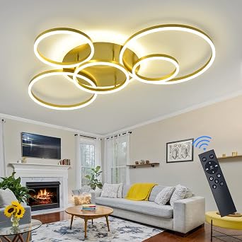 Modern LED Ceiling Light Gold Dimmable 5 Rings Flush Mount Ceiling Light Fixtures with Remote Control 106W 10000LM Ceiling Lighting for Living Room Bedroom Kitchen Dining Room 3000-6000K...