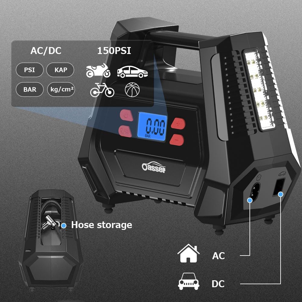 Oasser Tyre Inflator showing AC/DC inputs and hose storage