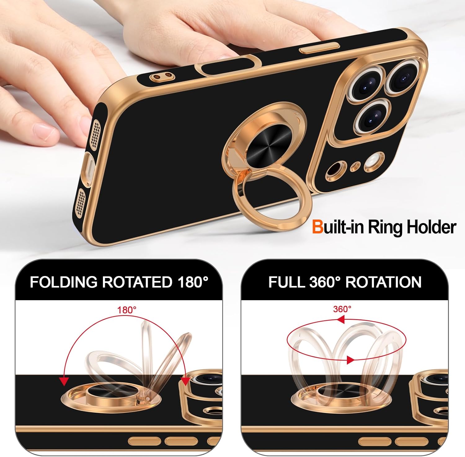 Hython for iPhone 17 Pro Max Case with Ring Stand, 360° Rotatable Ring Holder Magnetic Kickstand, Plating Rose Gold Edge Soft Cover Protective Phone Case for iPhone 17 Pro Max 6.9", Black - Image 4