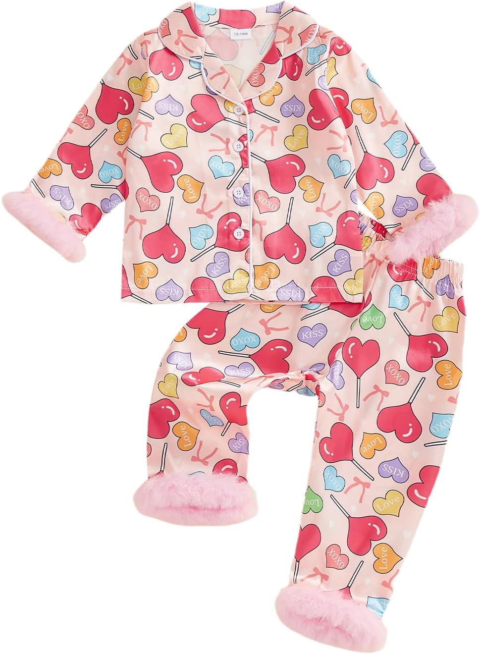 Toddler Girls Valentines Pajamas Bow/Heart Printed Lapel Button Up Long Sleeve Tops with Pants 2Pcs Cute Sleepwear