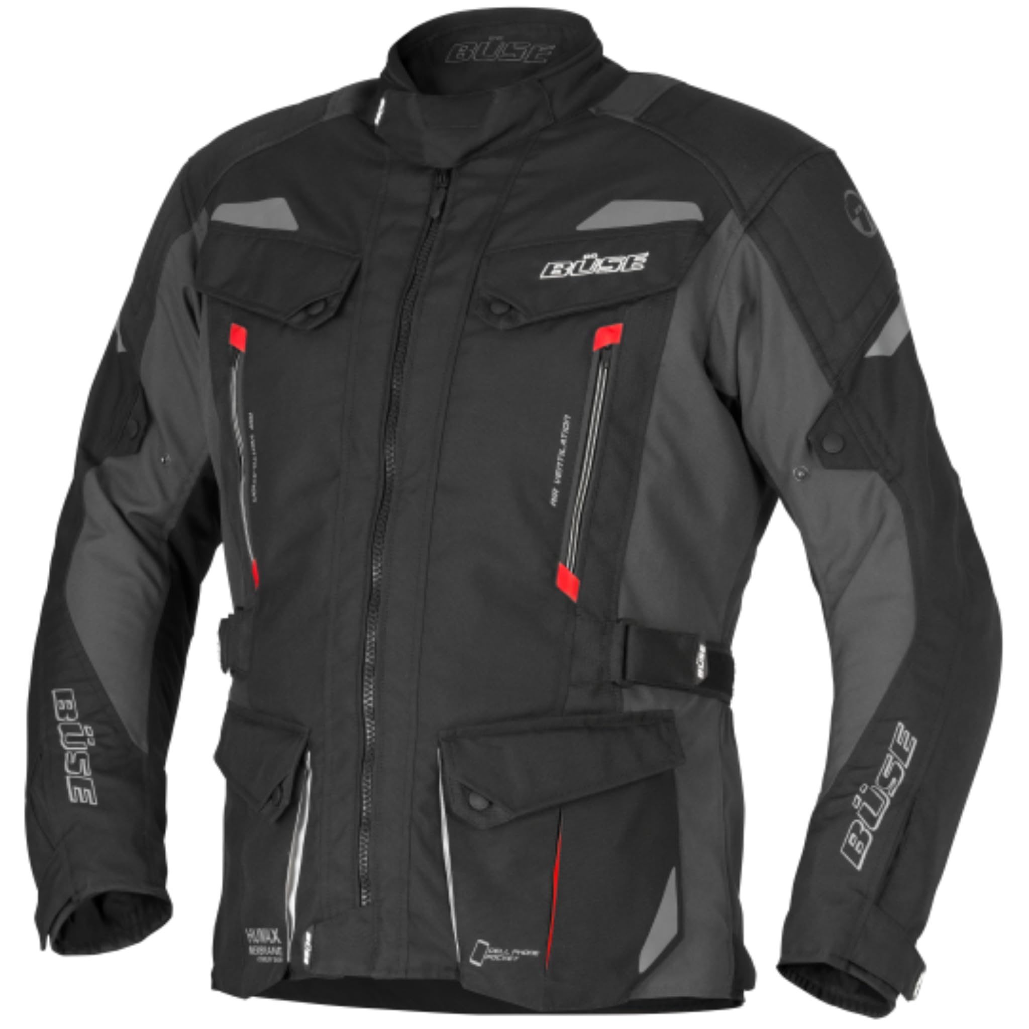 Büse Lago III Chaqueta textil para moto, Humax Z-Liner, forro térmico extraíble, impermeable y transpirable, AA EN 17092-3:2020, nivel YF 2 hombros, codo, negro, Negro , 12XL