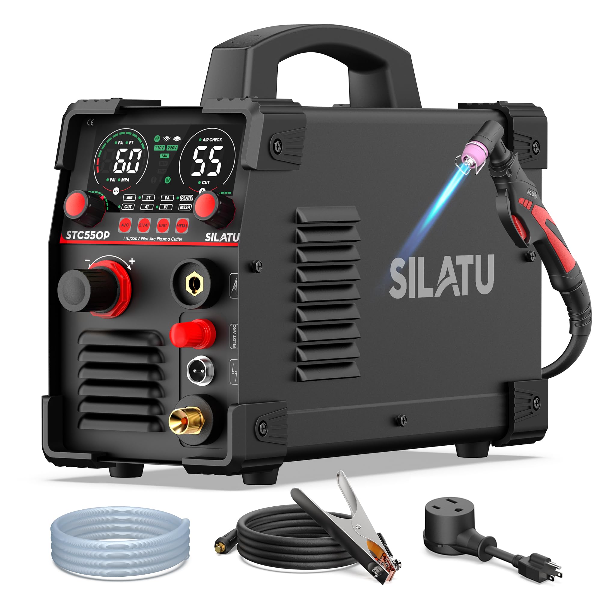 SILATU STC550P - Cortador de plasma de arco piloto de 55 amperios, sensor de aire de pantalla LED de doble voltaje de 110/220 V, corte limpio de 9/16 pulgadas, corte máximo de 7/10 pulgadas, corte de