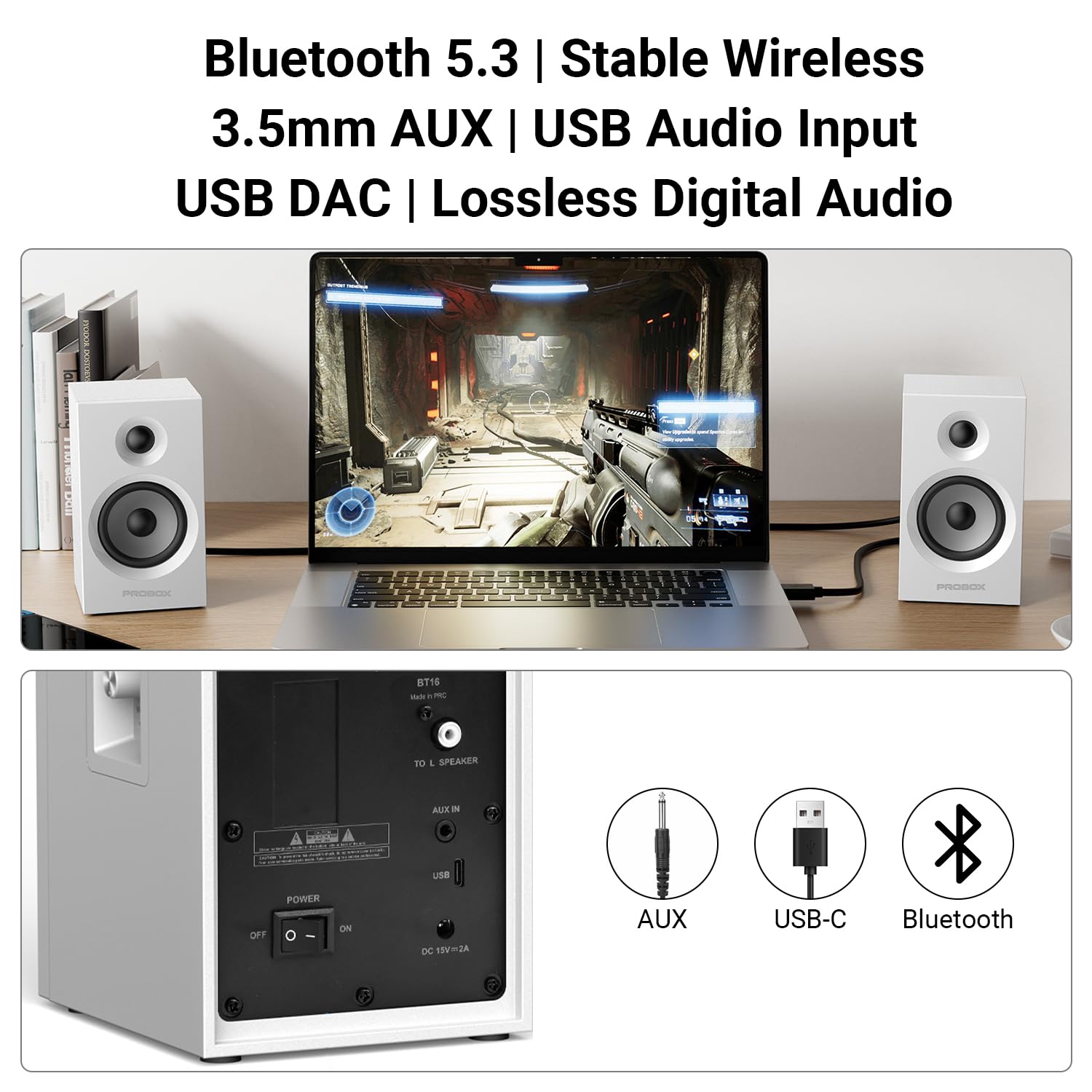 BT16 Aktywne głośniki półkowe 3,5 cala głośnik niskotonowy z 2.5 cm głośnikiem wysokotonowym, 60 W RMS-Bluetooth 5.3, wbudowany 24-bitowy DAC Dynamic 3D 2.0 Surround Sound, głośniki komputerowe