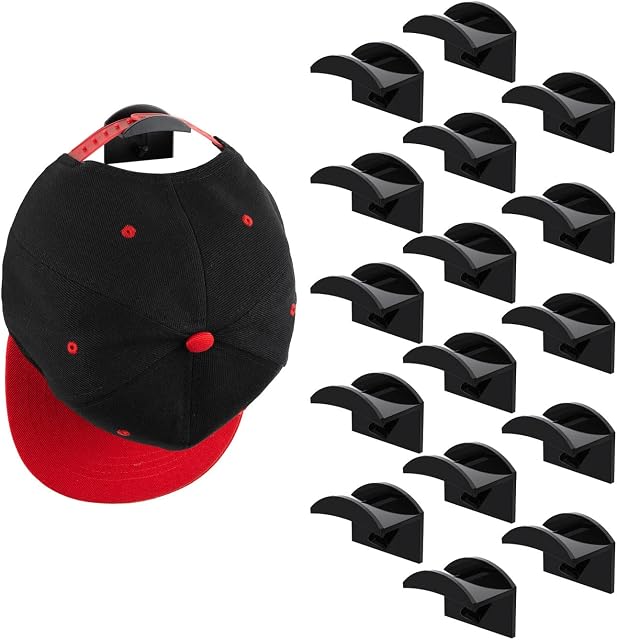 FUNUPUP Adhesive Hat Hooks for Wall, 16 Pack Hat Hanger Organizer for Baseball Caps (Black)