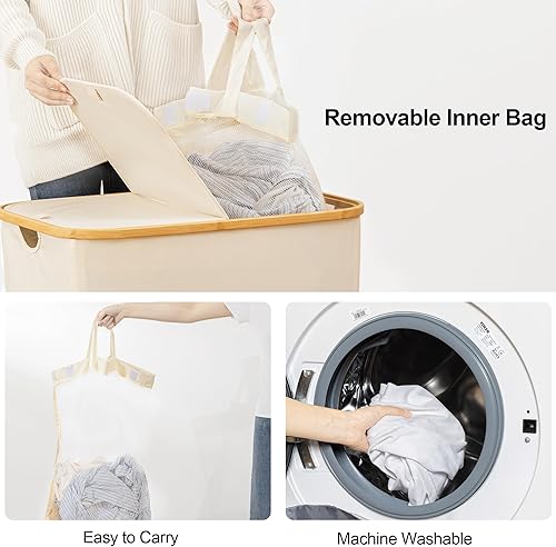 Miniatura 5 de joybest Cesta doble para la ropa sucia con tapa y bolsas extraíbles, color beige de 140 L, cesta grande para la ropa sucia con asas de bambú, cesta