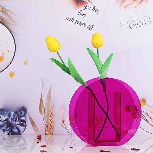 Miniatura 3 de Jarrón de acrílico rosa intenso, moderno jarrón pequeño de acrílico geométrico de boca ancha, florero rosa intenso para centros de mesa, jarrón de