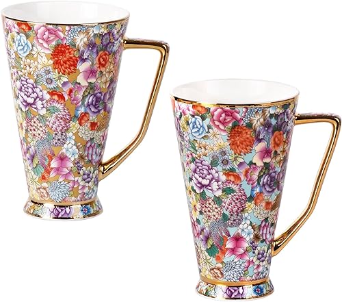 KAMMAK Tazas de café de cerámica de 20 onzas de alto, juego de 2 tazas de té grandes con asa, tazas de té vintage, taza de capuchino para latte,