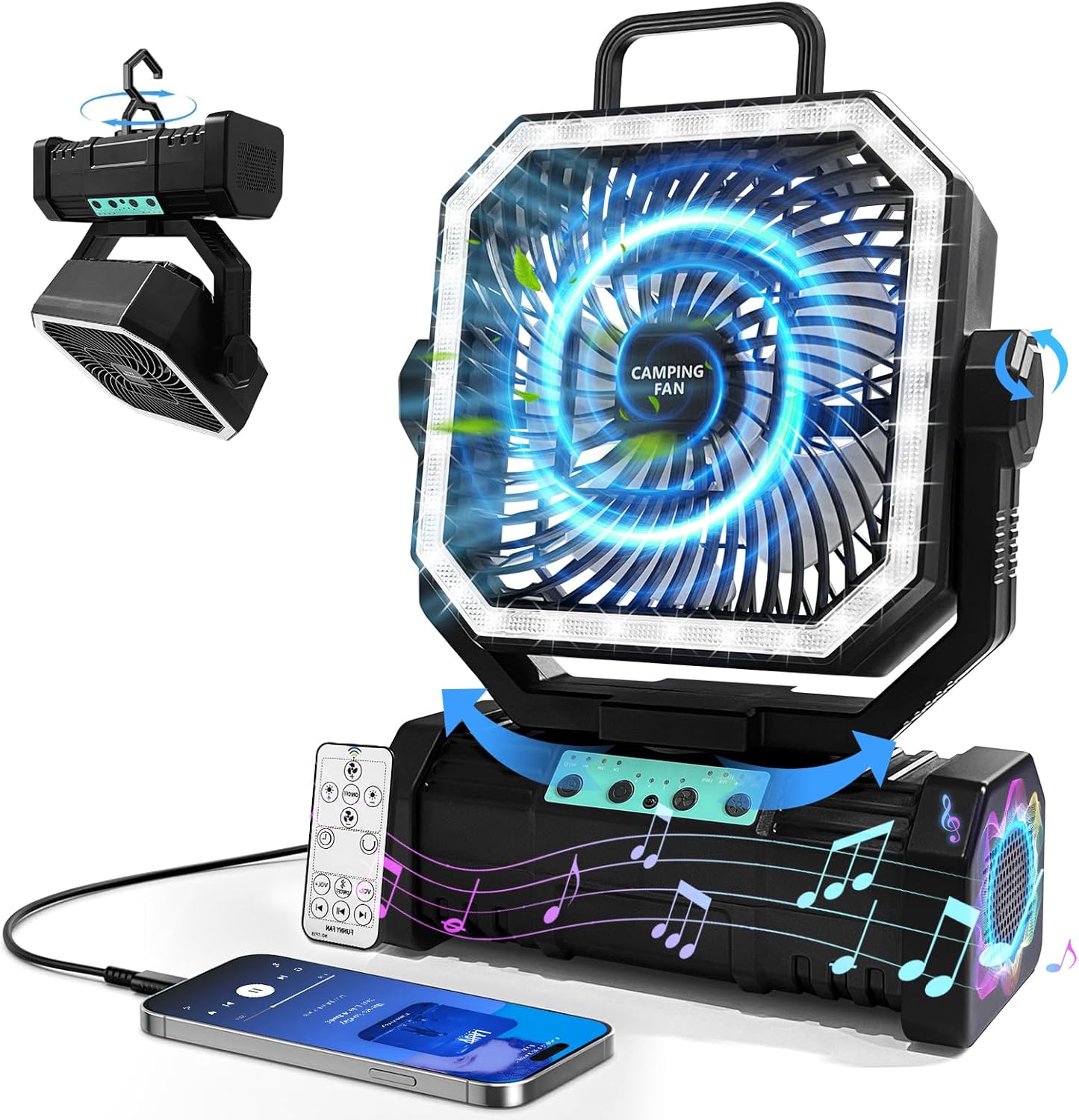 Camping Fan with Bluetooth Speaker Portable Fan,20000mAh Rechargeable Battery Powered Fans,Quiet 4-Speeds, 4-LED Light,360° Hanging Hook for Outdoor Picnic Tent Beach Travel Barbecue, Black