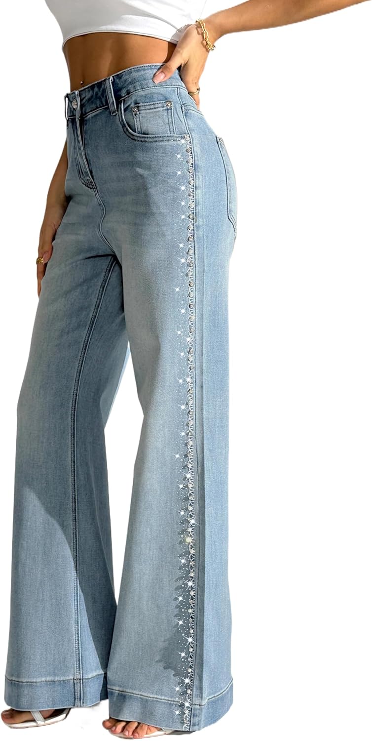 heipeiwa Women's Pearl Rhinestone Jeans Wide Leg Baggy Denim Pants High Waist Sparkle Shiny Sequin Trouser