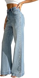 Women's Pearl Rhinestone Jeans Wide Leg Baggy Denim Pants High Waist Sparkle Shiny Sequin Trouser