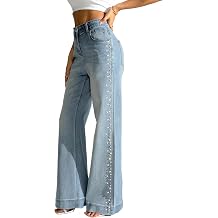heipeiwa Womens Pearl Rhinestone Jeans Wide Leg Baggy Denim Pants High Waist Sparkle Shiny Sequin Trouser