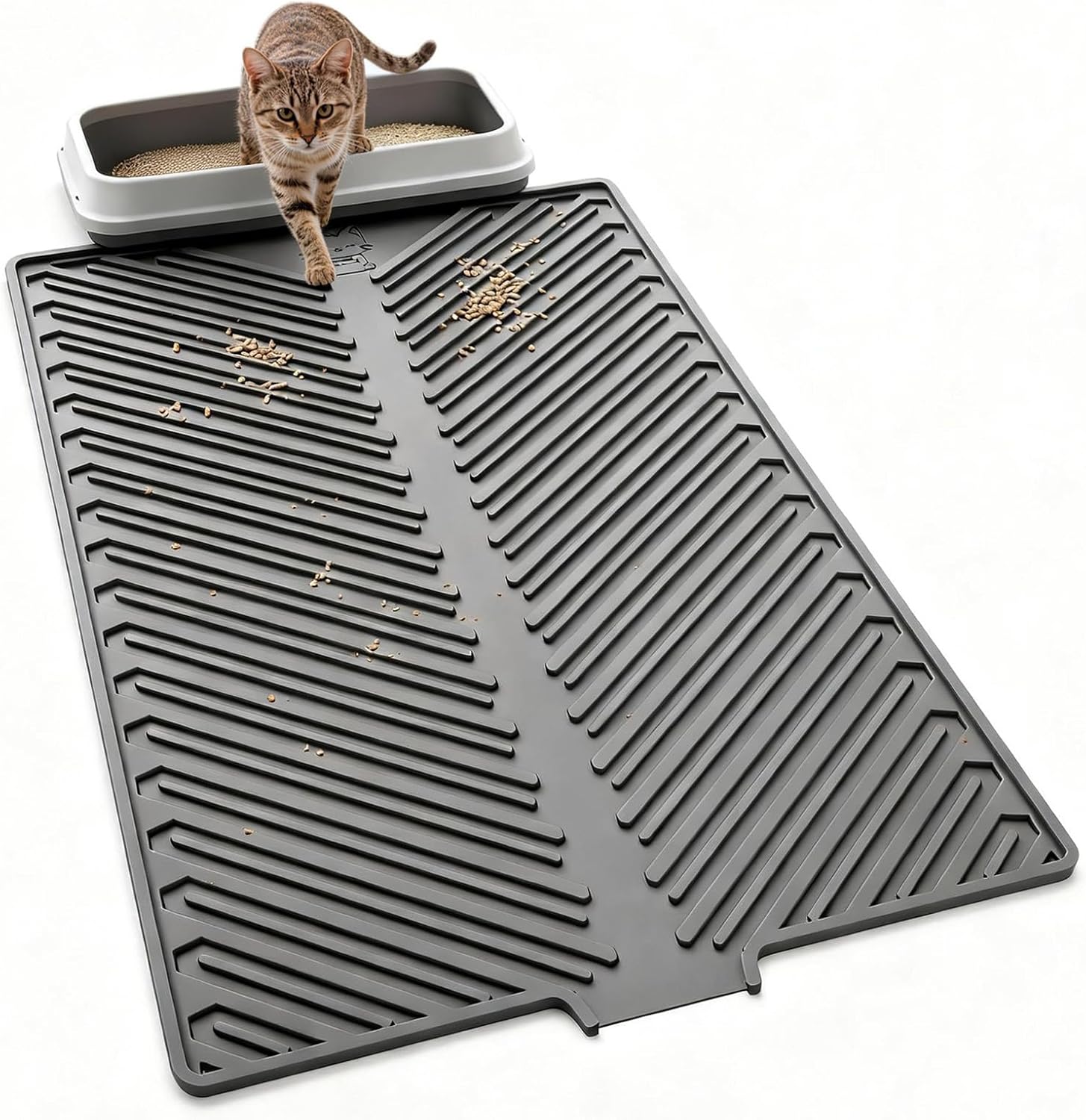 Cat Litter Mat, Large 34" x 22" Litter Trapping Mat, Silicone Litter Mat for Litter Box, Waterproof Foldable & Easy Clean, Scatter Control, Soft on Paws, Gray