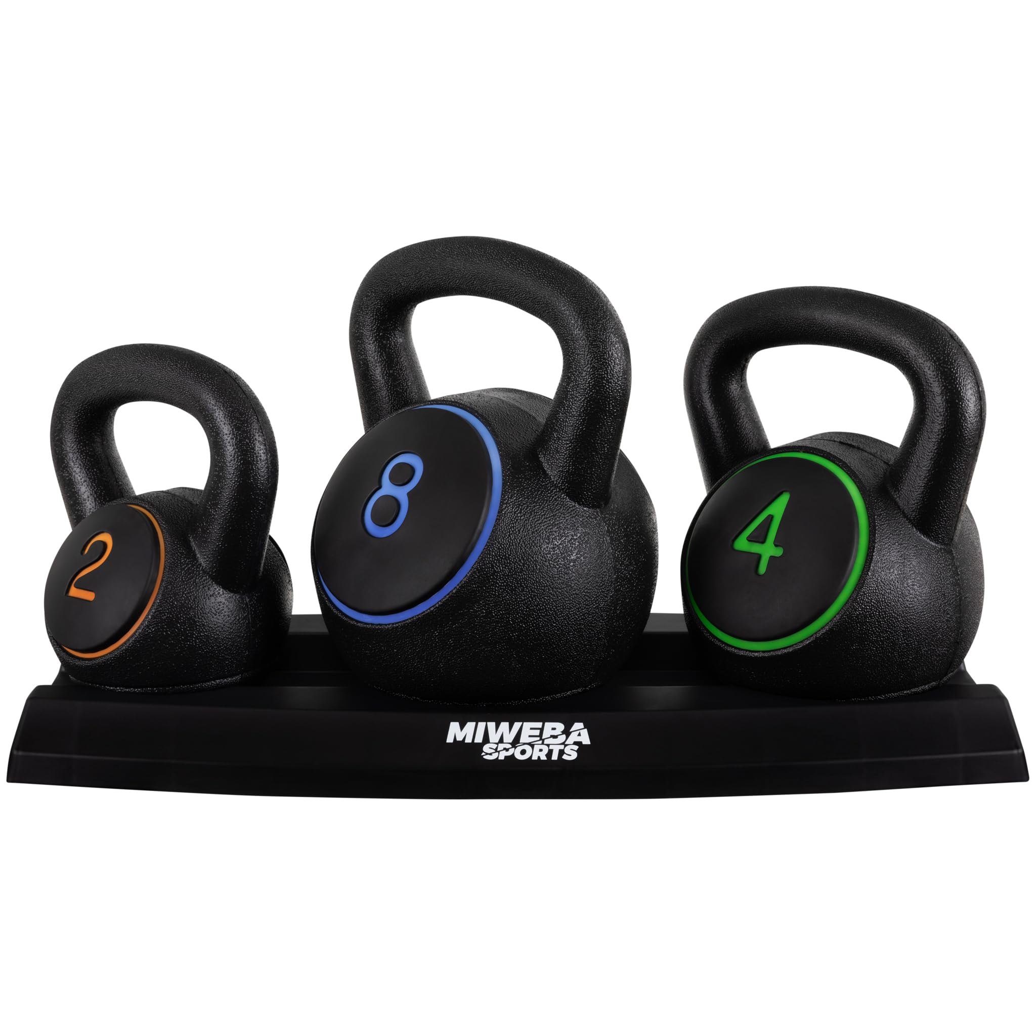 Miweba Sports Kettlebell | Hanteln Set - Gewichte 2 | 4 | 8 kg - Kettlebell Set - Hantel Set - Kettlebells - Fitness Zubehör inkl. Ablage - Krafttraining - Kugelhantel - Kugelgewicht - Schwunghanteln